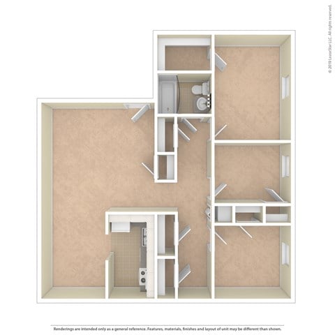 Floor plan for 3 beds, 1.5 baths, 924 sqft
